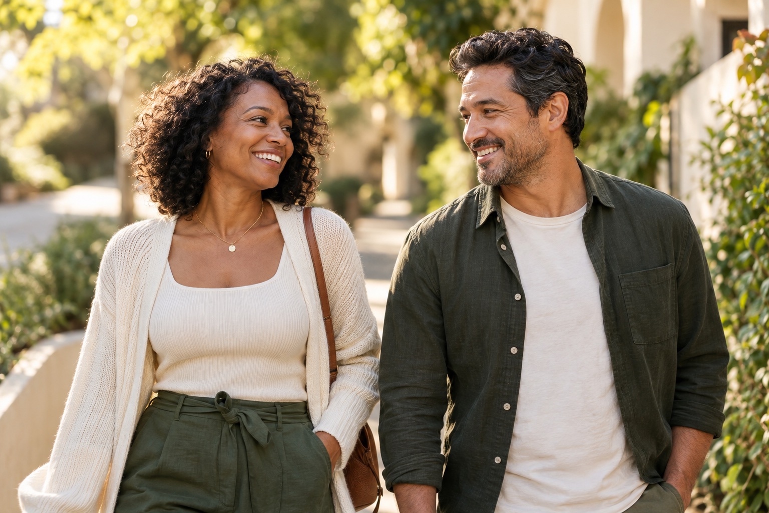 Illustrative lifestyle image of two adults enjoying a walk